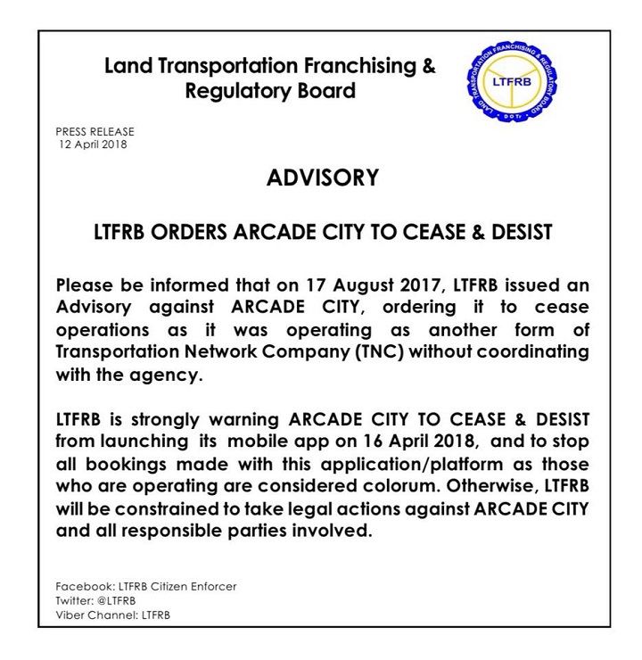ltfrb arcade city 2018 • LTFRB orders Arcade City to cease and desist
