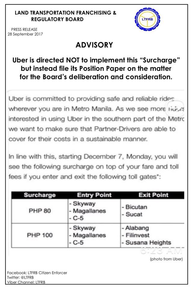 LTFRB questions Uberu0027s new fixed surcharges for southern Metro Manila