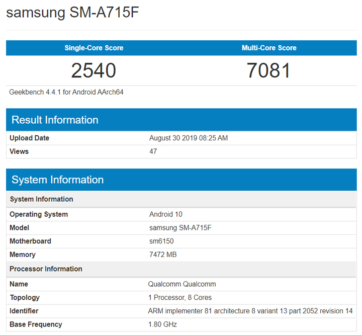 samsung a71 geekbench