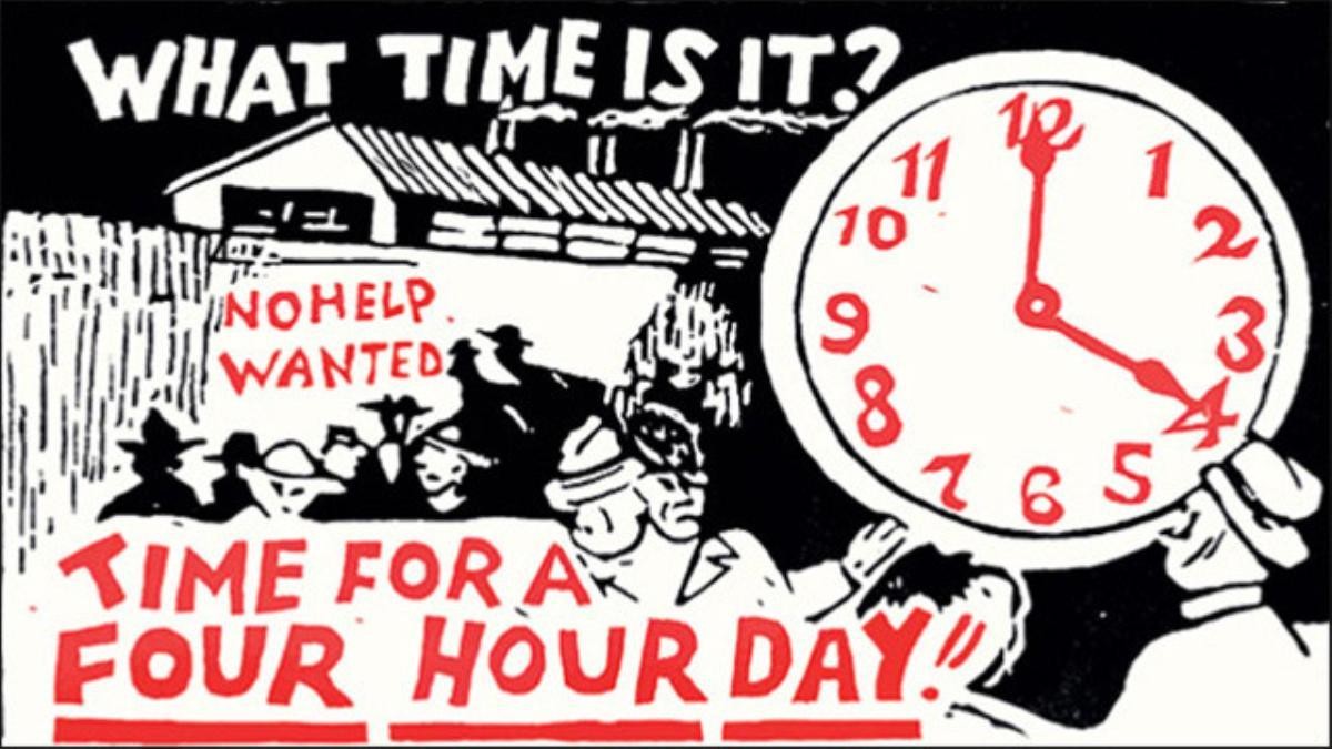 I work all day. Пикет IWW "Industrial workers of the World". 4 Hours. World Industrial workers' Day cartoon. Work 4 hours.