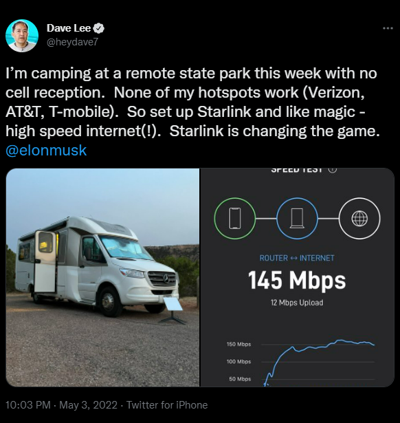 Tweet Regarding Starlink Portability Feature