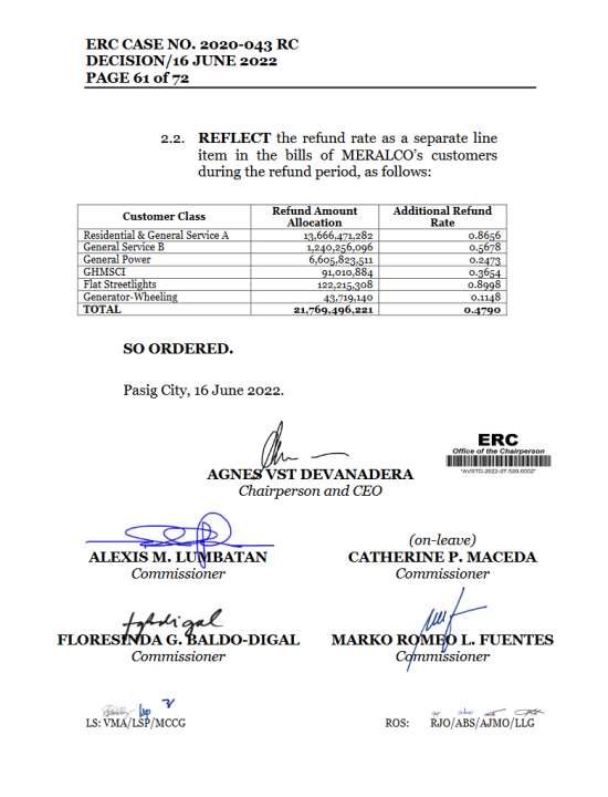 Erc Decision Meralco Refund Dated 16 June 2022