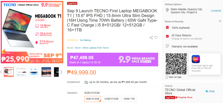 Tecno Megabook T1 Laptop Lazada Sale