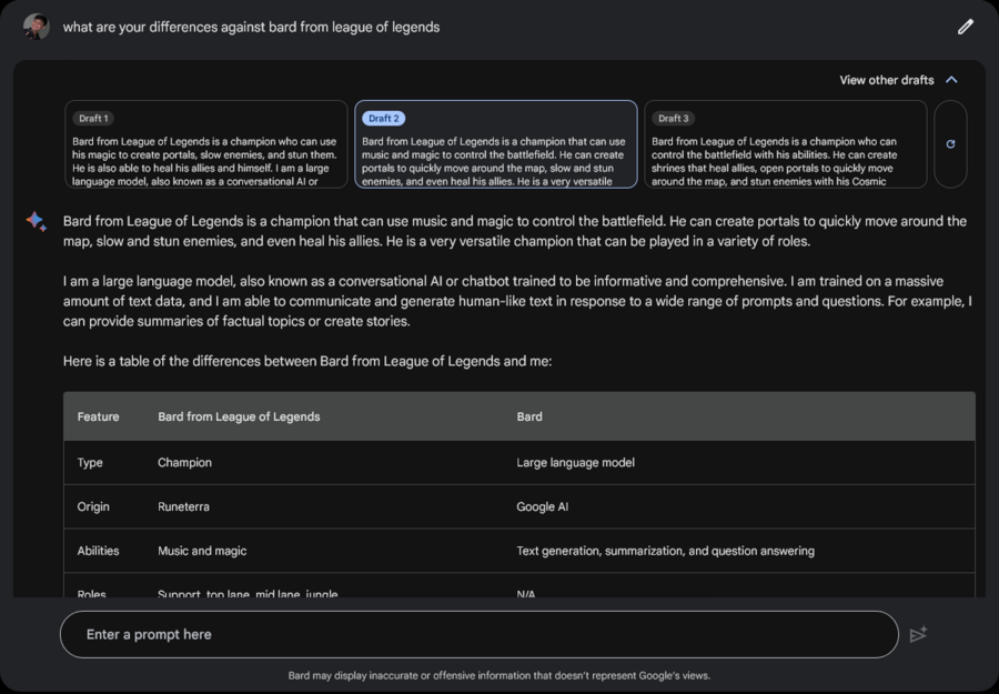 Ss Google Bard Vs League Of Legends Bard Prompt