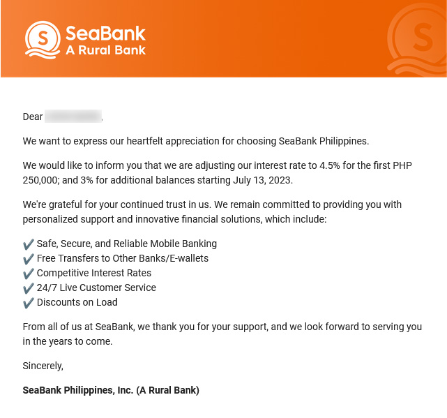 Seabank 4.5 Percent Interest Rate Email