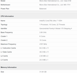 MSI The Claw Geekbench Specs