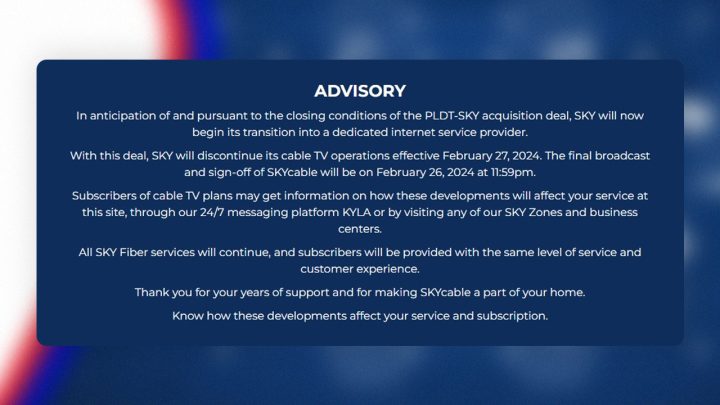 Sky Cable Ceases Broadcast February 27 Advisory