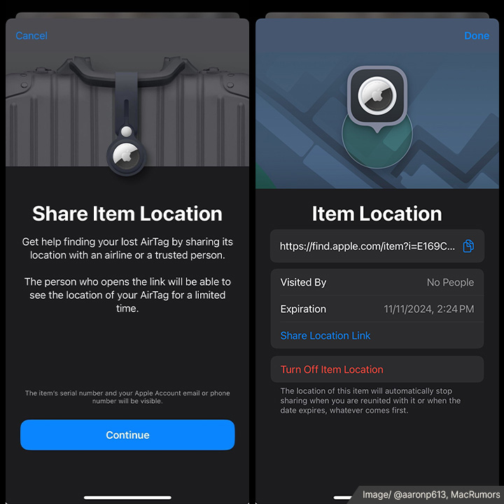 Apple Airtag Share Item Location Screenshot